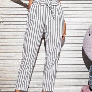 Paper Bag Grey and White Striped Pants